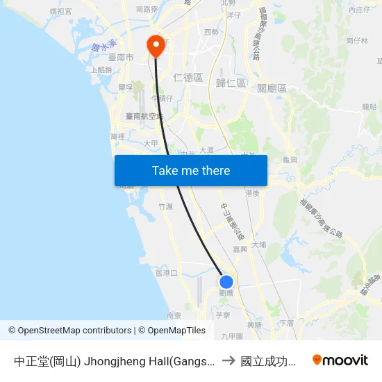 中正堂(岡山) Jhongjheng Hall(Gangshan) to 國立成功大學 map
