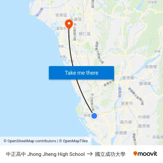 中正高中 Jhong Jheng High School to 國立成功大學 map