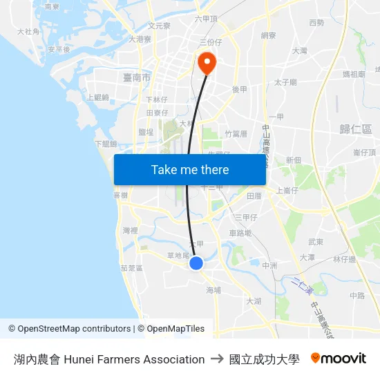 湖內農會 Hunei Farmers Association to 國立成功大學 map
