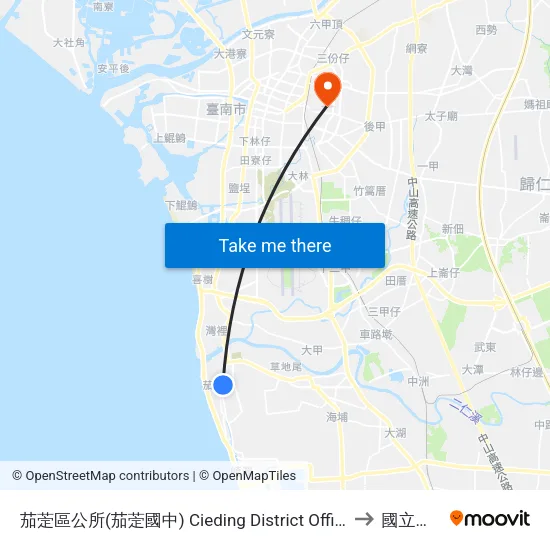 茄萣區公所(茄萣國中) Cieding District Office(Jiading Juinior High School) to 國立成功大學 map