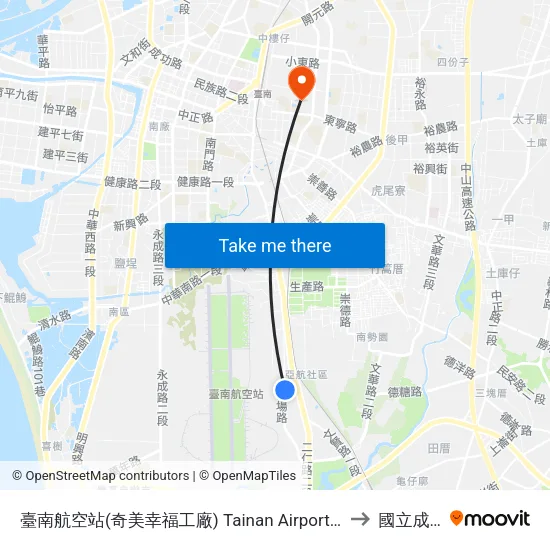 臺南航空站(奇美幸福工廠) Tainan Airport(Chimei Happiness Factory) to 國立成功大學 map