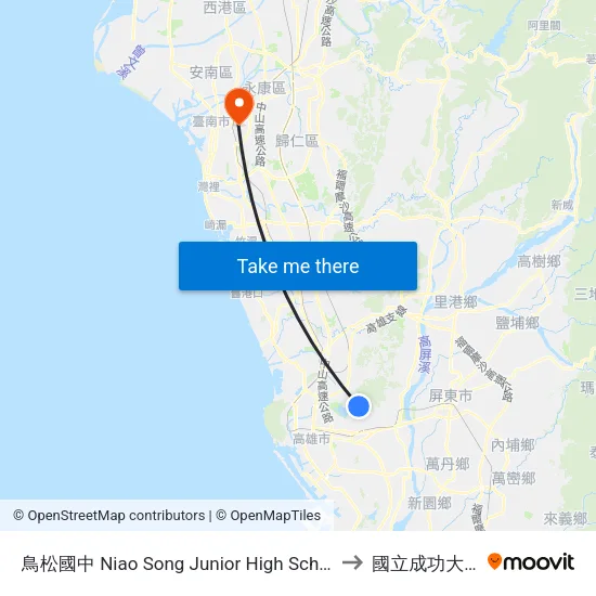 鳥松國中 Niao Song Junior High School to 國立成功大學 map