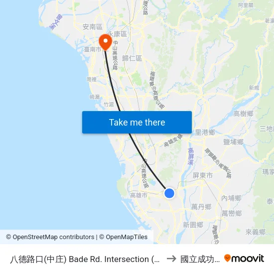 八德路口(中庄) Bade Rd. Intersection (Jhongjhuang) to 國立成功大學 map