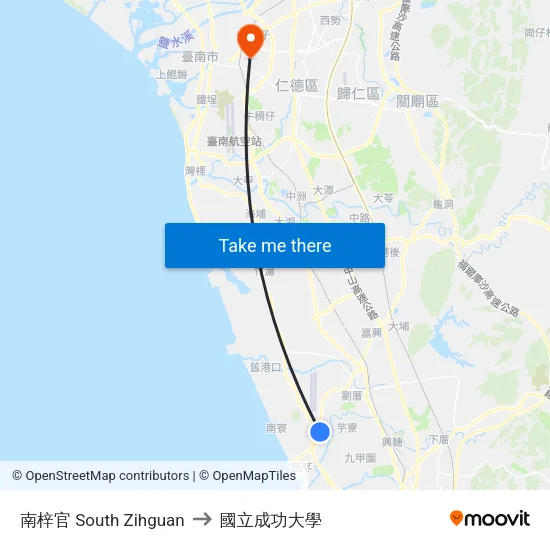 南梓官 South Zihguan to 國立成功大學 map