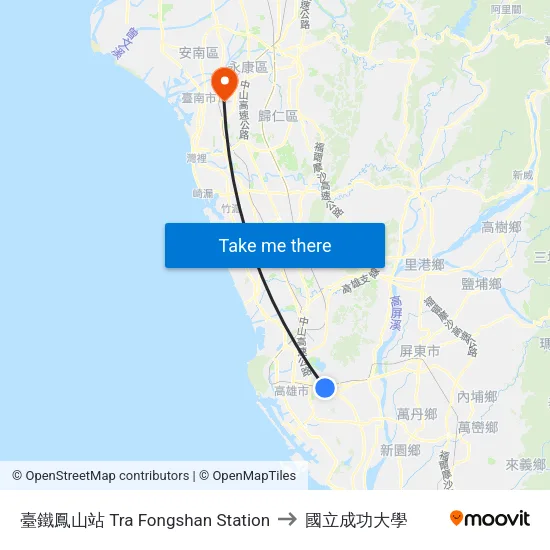臺鐵鳳山站 Tra Fongshan Station to 國立成功大學 map