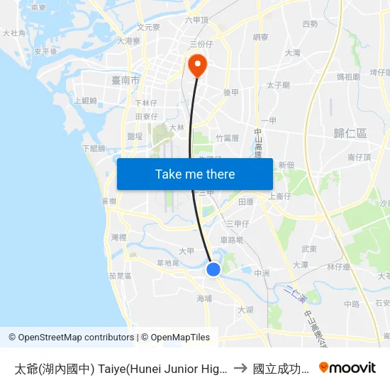 太爺(湖內國中) Taiye(Hunei Junior High School) to 國立成功大學 map