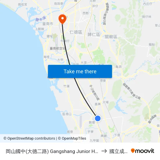 岡山國中(大德二路) Gangshang Junior High School(Dade 2nd Rd.) to 國立成功大學 map