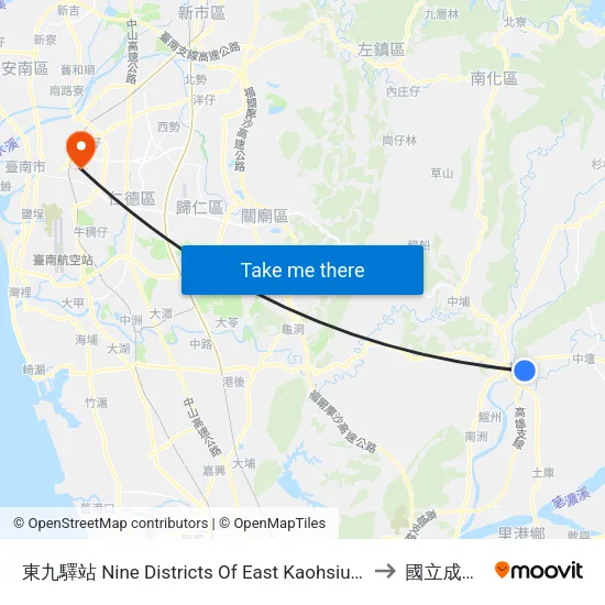 東九驛站 Nine Districts Of East Kaohsiung Service Station to 國立成功大學 map
