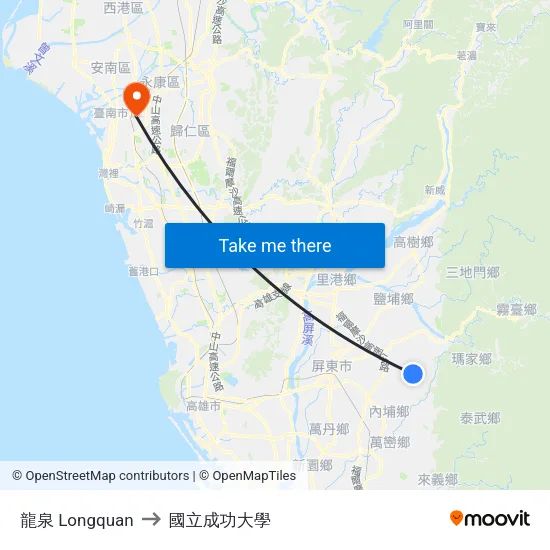 龍泉 Longquan to 國立成功大學 map
