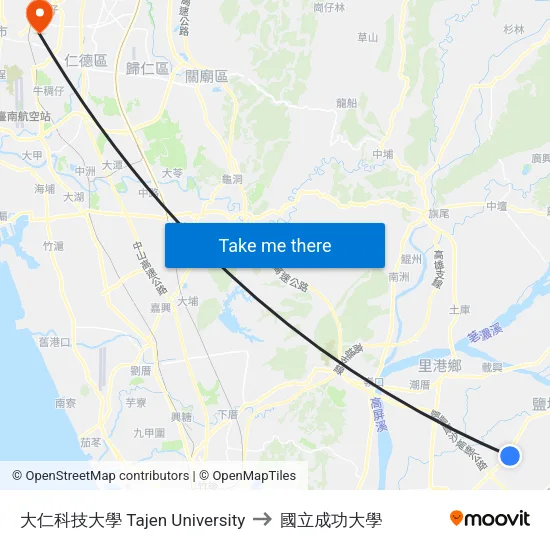大仁科技大學 Tajen University to 國立成功大學 map