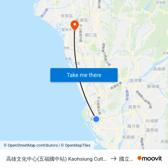 高雄文化中心(五福國中站) Kaohsiung Cultural Center(Wufu Junior High School Station) to 國立成功大學 map