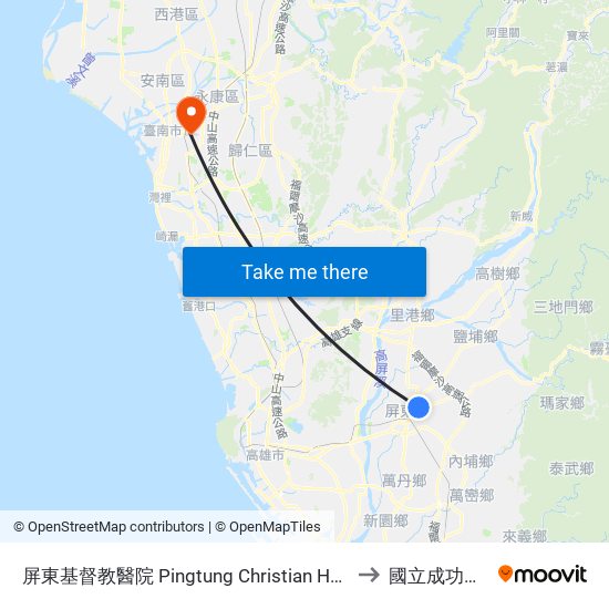 屏東基督教醫院 Pingtung Christian Hospital to 國立成功大學 map
