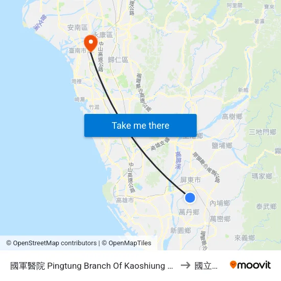國軍醫院 Pingtung Branch Of Kaoshiung Armed Forces Genaral Hospital to 國立成功大學 map
