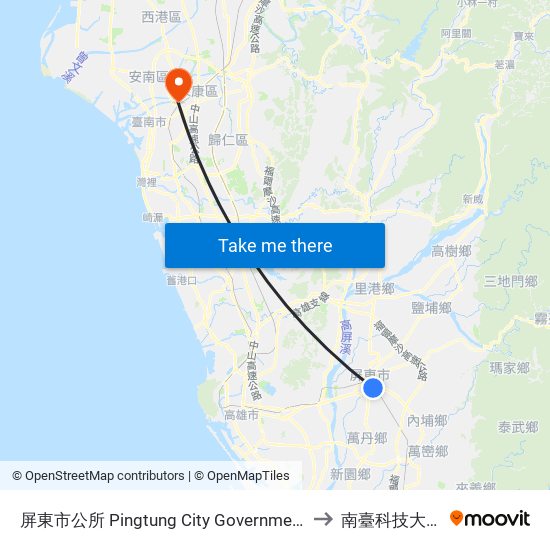 屏東市公所 Pingtung City Government to 南臺科技大學 map