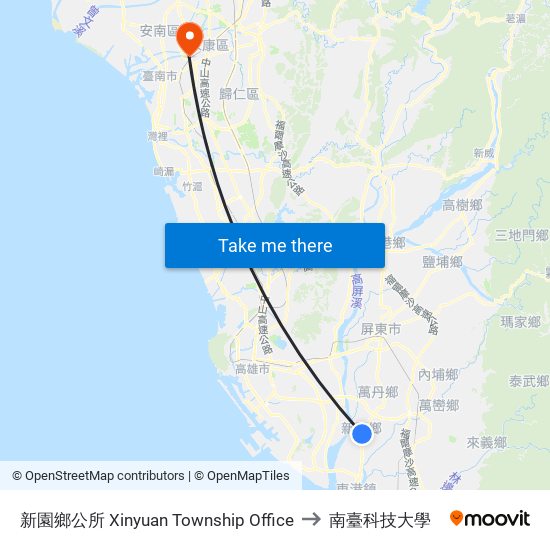 新園鄉公所 Xinyuan Township Office to 南臺科技大學 map
