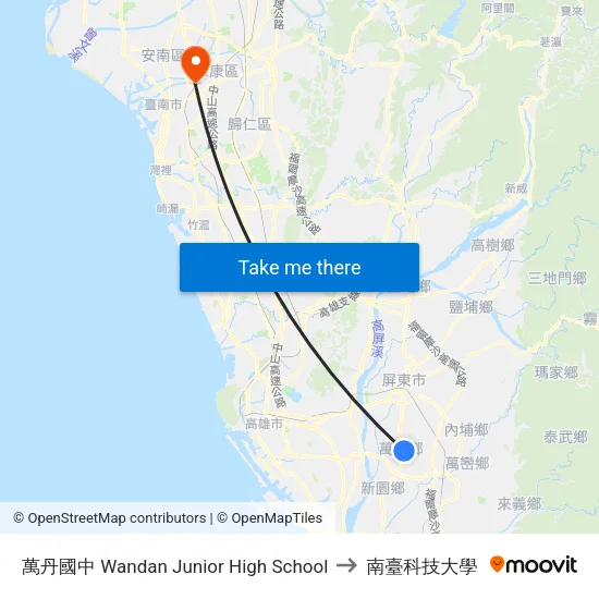 萬丹國中 Wandan Junior High School to 南臺科技大學 map