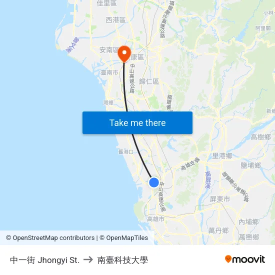 中一街 Jhongyi St. to 南臺科技大學 map