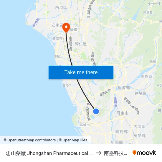 忠山藥廠 Jhongshan Pharmaceutical Factory to 南臺科技大學 map