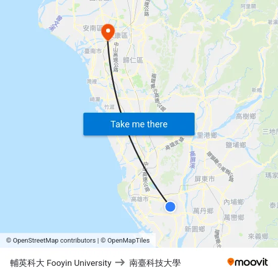 輔英科大 Fooyin University to 南臺科技大學 map