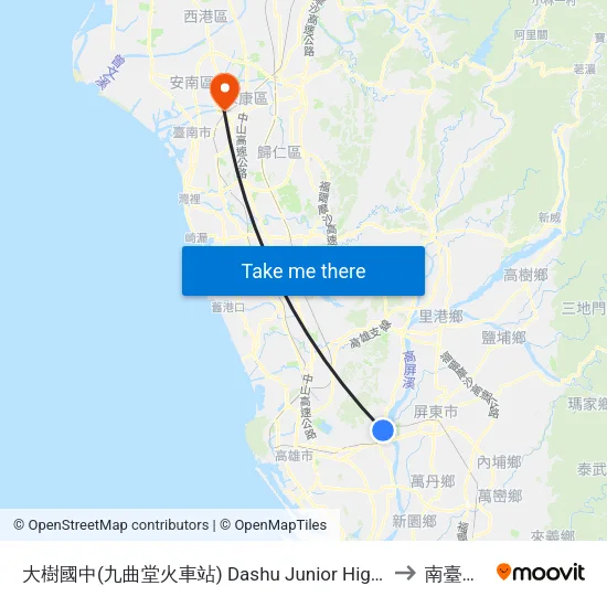大樹國中(九曲堂火車站) Dashu Junior High School(Jioucyutang Train Station) to 南臺科技大學 map