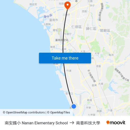 南安國小 Nanan Elementary School to 南臺科技大學 map