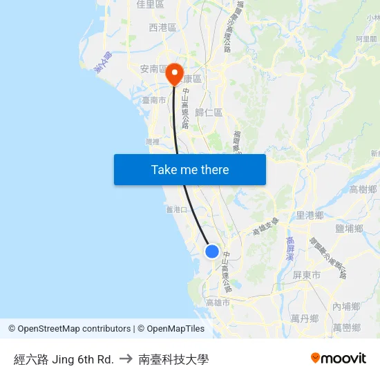 經六路 Jing 6th Rd. to 南臺科技大學 map