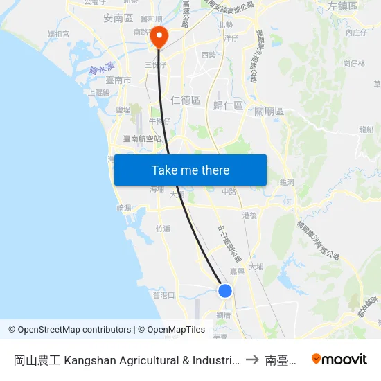 岡山農工 Kangshan Agricultural & Industrial Vocational Senior High School to 南臺科技大學 map