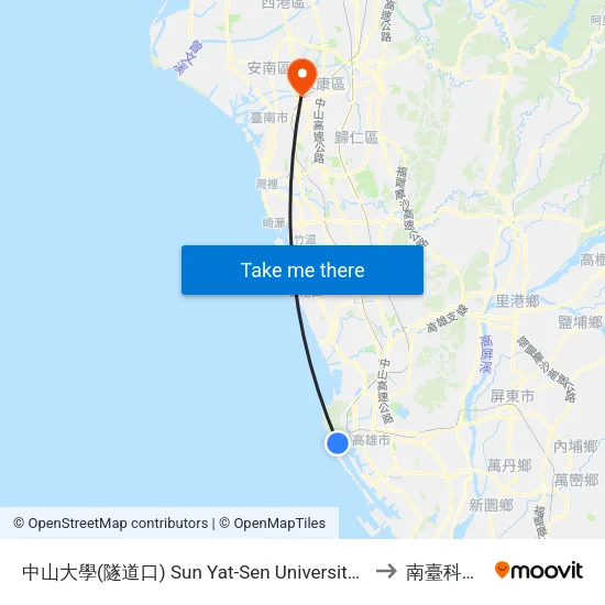 中山大學(隧道口) Sun Yat-Sen University(Tunnel Entrance) to 南臺科技大學 map