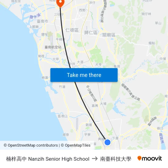 楠梓高中 Nanzih Senior High School to 南臺科技大學 map
