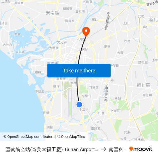臺南航空站(奇美幸福工廠) Tainan Airport(Chimei Happiness Factory) to 南臺科技大學 map
