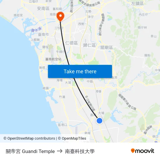 關帝宮 Guandi Temple to 南臺科技大學 map