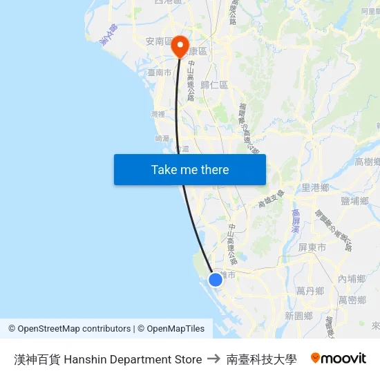 漢神百貨 Hanshin Department Store to 南臺科技大學 map