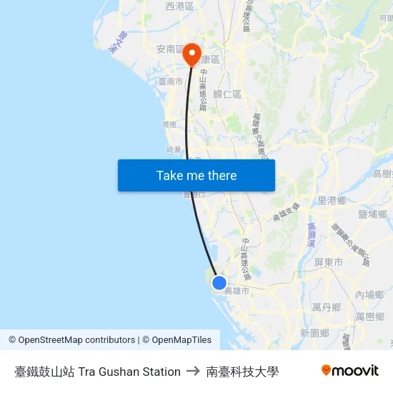 臺鐵鼓山站 Tra Gushan Station to 南臺科技大學 map