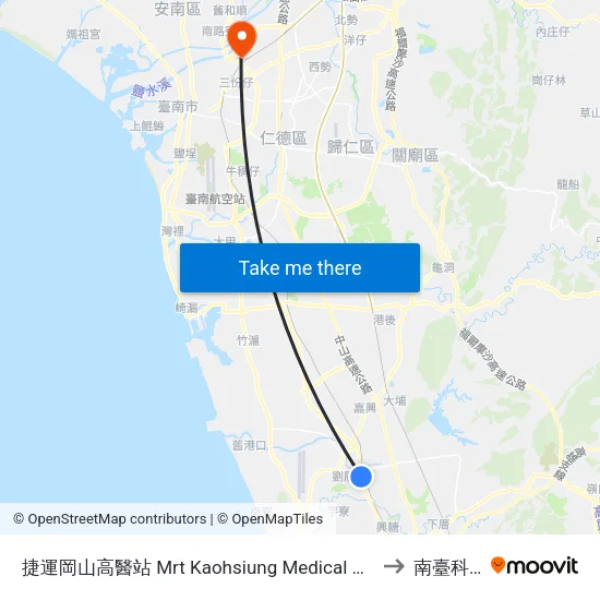 捷運岡山高醫站 Mrt Kaohsiung Medical University Gangshan Hospital to 南臺科技大學 map
