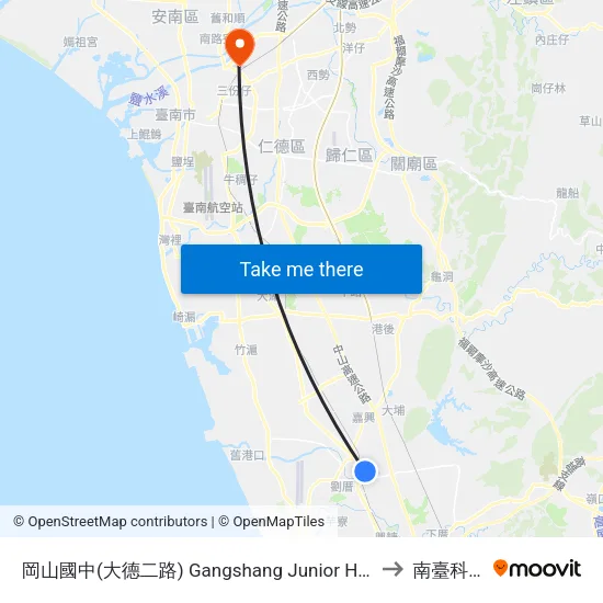 岡山國中(大德二路) Gangshang Junior High School(Dade 2nd Rd.) to 南臺科技大學 map