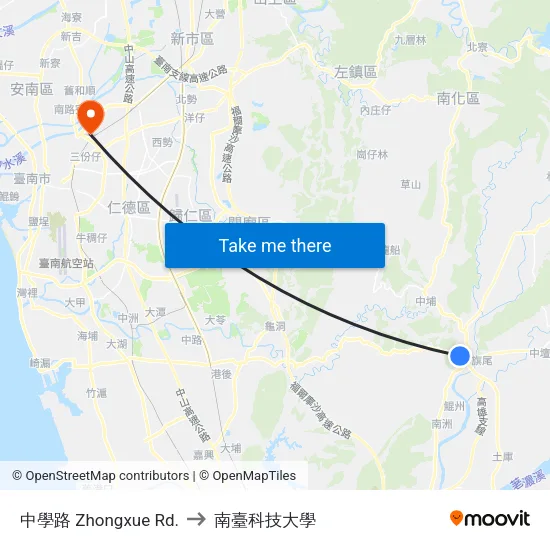 中學路 Jhongsyue Rd. to 南臺科技大學 map