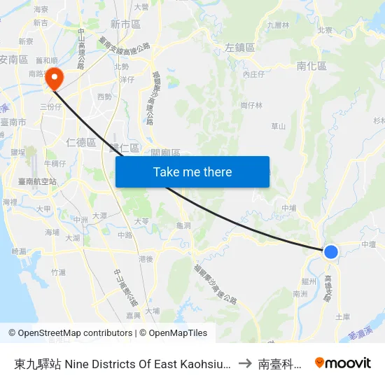 東九驛站 Nine Districts Of East Kaohsiung Service Station to 南臺科技大學 map