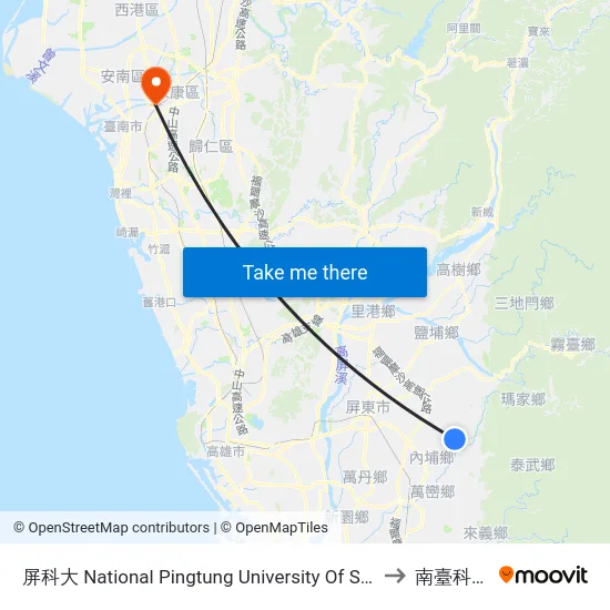 屏科大 National Pingtung University Of Science And Technology to 南臺科技大學 map