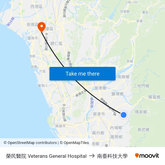 榮民醫院 Veterans General Hospital to 南臺科技大學 map