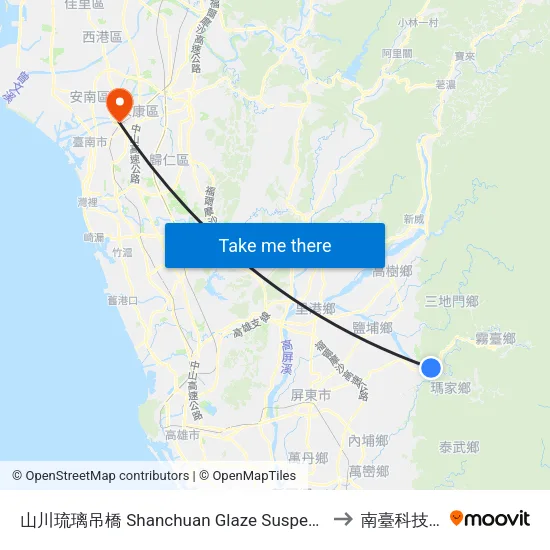 山川琉璃吊橋 Shanchuan Glaze Suspension Bridge to 南臺科技大學 map