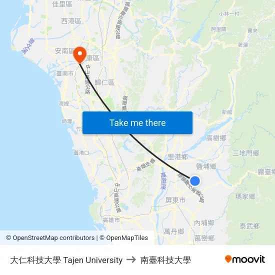 大仁科技大學 Tajen University to 南臺科技大學 map