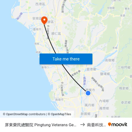 屏東榮民總醫院 Pingtung Veterans General Hospital to 南臺科技大學 map