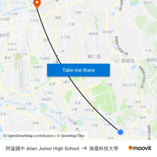 阿蓮國中 Alian Junior High School to 南臺科技大學 map