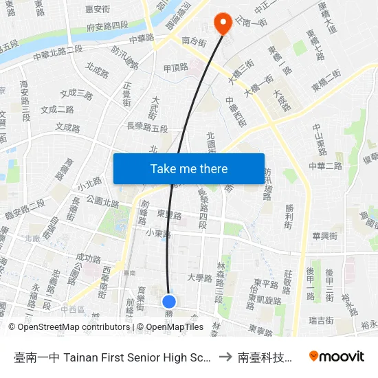 臺南一中 Tainan First Senior High School to 南臺科技大學 map
