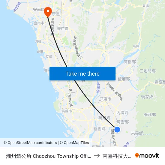 潮州鎮公所 Chaozhou Township Office to 南臺科技大學 map