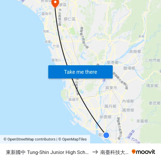 東新國中 Tung-Shin Junior High School to 南臺科技大學 map
