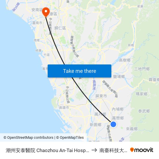 潮州安泰醫院 Chaozhou An-Tai Hospital to 南臺科技大學 map