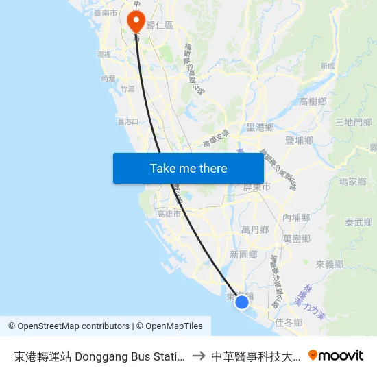 東港轉運站 Donggang Bus Station to 中華醫事科技大學 map