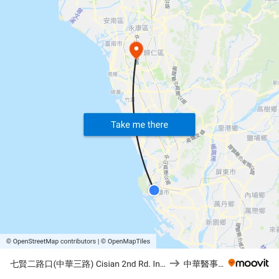 七賢二路口(中華三路) Cisian 2nd Rd. Intersection (Jhonghua 3rd Rd.) to 中華醫事科技大學 map