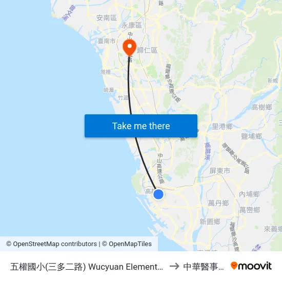 五權國小(三多二路) Wucyuan Elementry School(Sanduo 2nd Rd.) to 中華醫事科技大學 map